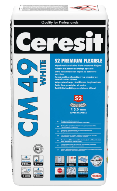 Ceresit CM 49 WHITE, 20 kg, biały wysokoodkształcalny, wysokoelastyczny klej do płytek z włóknami